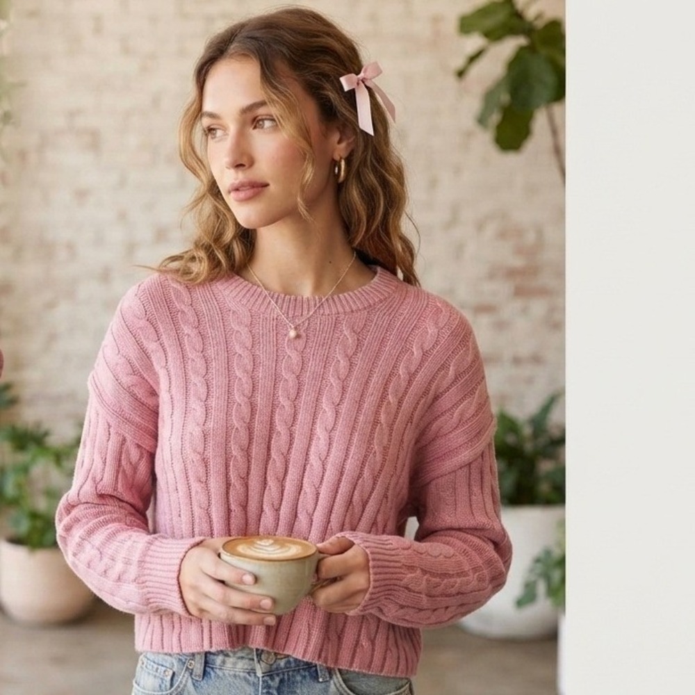 Aerie Cable Knit Sweater Womens Large Pink Cropped Cotton Coquette Balletcore